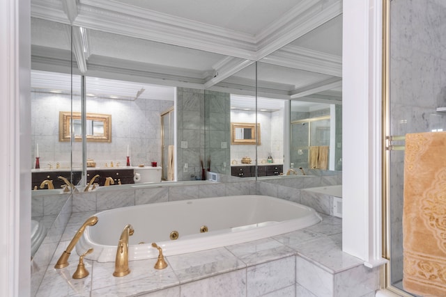 bathroom featuring plus walk in shower, beamed ceiling, and coffered ceiling