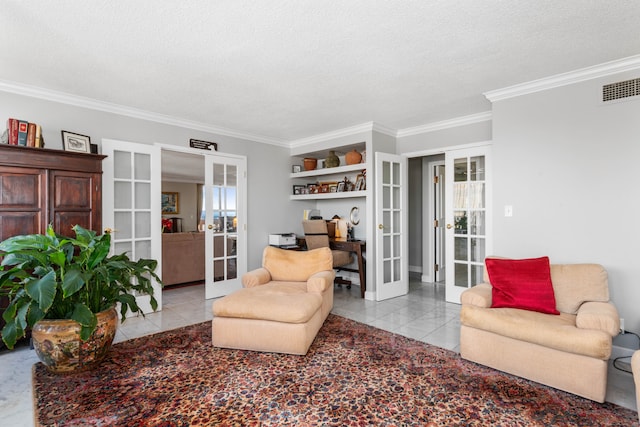 living room featuring french doors, a textured ceiling, and crown molding