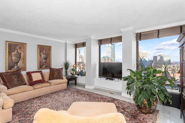 living room featuring a textured ceiling and ornamental molding