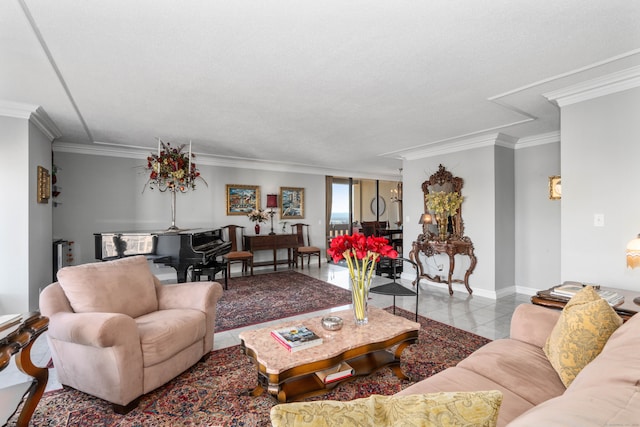 tiled living room featuring a textured ceiling and crown molding