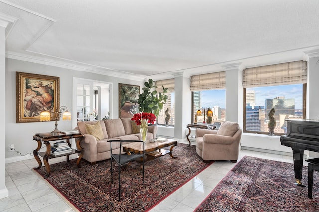 living room featuring light tile patterned floors and ornamental molding