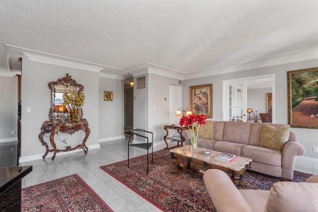 living room with a textured ceiling, ornamental molding, and light tile patterned flooring