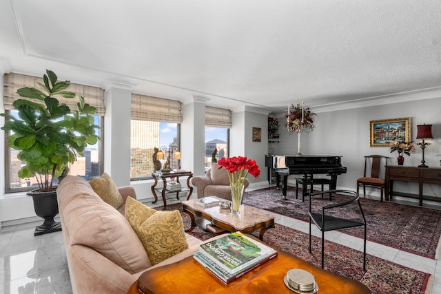 living room featuring a textured ceiling and ornamental molding