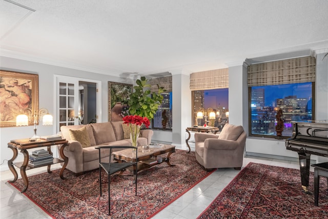 tiled living room with crown molding and a textured ceiling