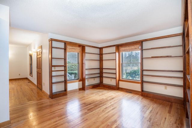 empty room with light hardwood / wood-style flooring and a textured ceiling