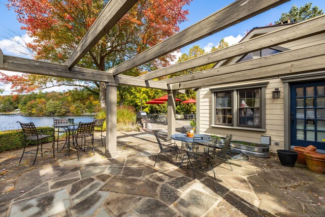 538 Wheelers Pt, Winchester, CT 06098 - view of patio with outdoor dining area, a water view, and area for grilling