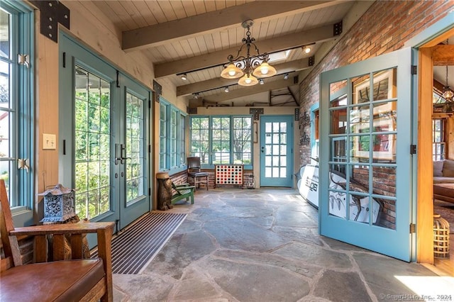 538 Wheelers Pt, Winchester, CT 06098 - unfurnished sunroom with french doors and a chandelier