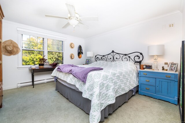 538 Wheelers Pt, Winchester, CT 06098 - bedroom with a baseboard radiator, ornamental molding, light colored carpet, and a ceiling fan