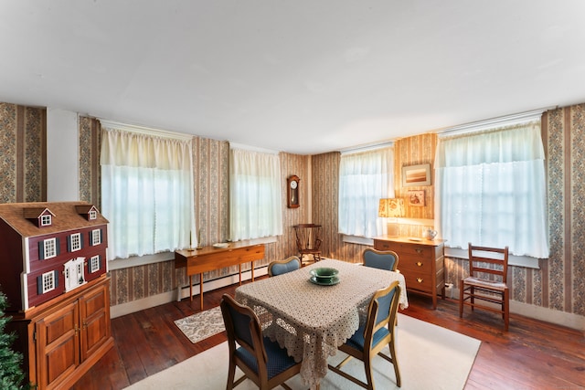 dining area with a healthy amount of sunlight, a baseboard radiator, and dark hardwood / wood-style floors