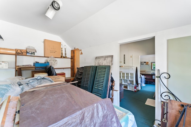 bedroom with lofted ceiling and dark colored carpet