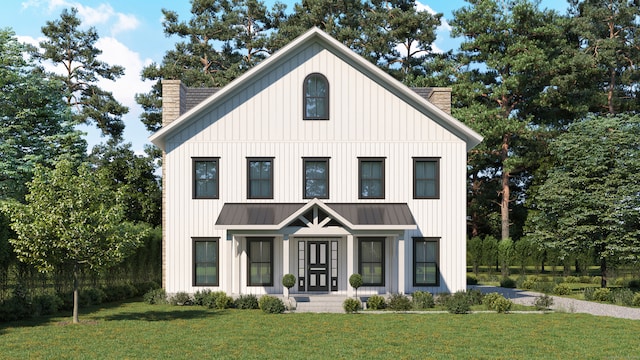 modern farmhouse featuring a front lawn