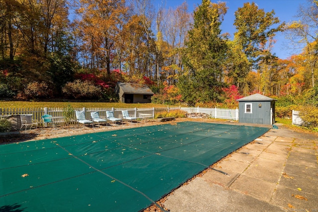 view of pool featuring a storage shed and a patio area