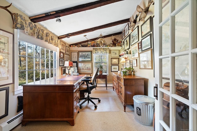 carpeted home office featuring lofted ceiling with beams and baseboard heating