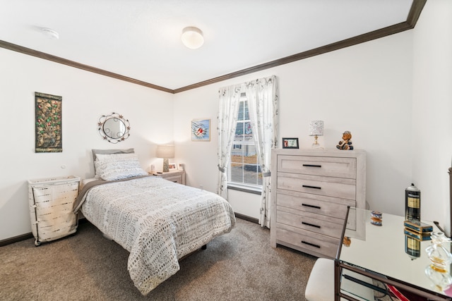 carpeted bedroom featuring crown molding