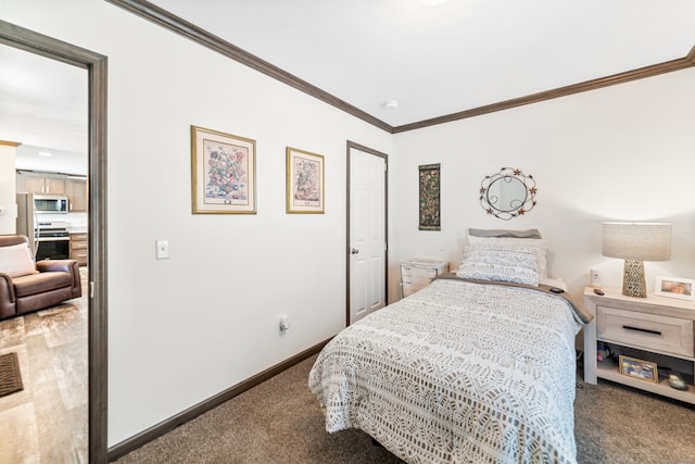 carpeted bedroom featuring crown molding