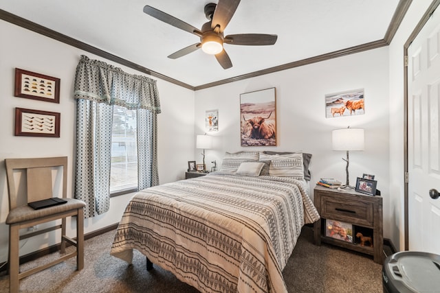 bedroom featuring ceiling fan, crown molding, and carpet