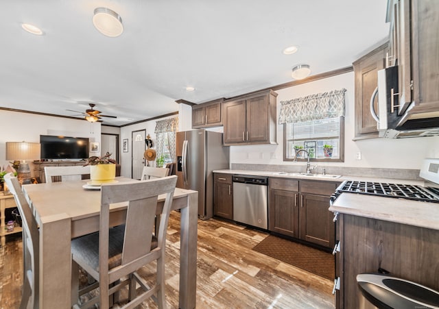 kitchen featuring light hardwood / wood-style floors, ceiling fan, crown molding, sink, and appliances with stainless steel finishes