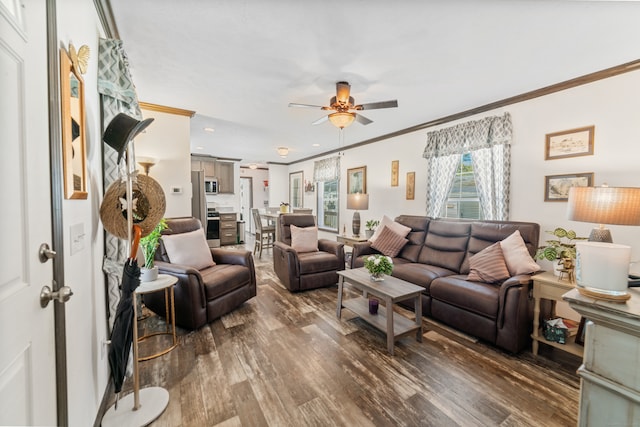 living room featuring ceiling fan, ornamental molding, and dark hardwood / wood-style flooring