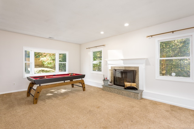 game room with carpet floors and pool table