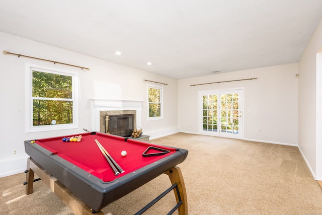 game room with carpet floors and pool table