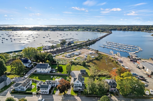 bird's eye view with a water view