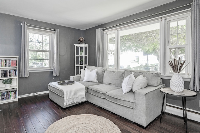 living room with a wealth of natural light, a baseboard heating unit, and dark hardwood / wood-style floors