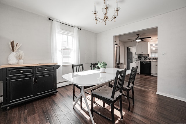 dining space featuring dark hardwood / wood-style flooring, baseboard heating, and ceiling fan with notable chandelier