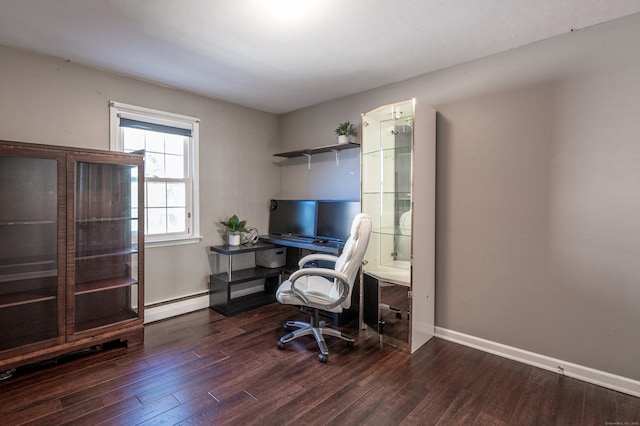 office area with dark hardwood / wood-style flooring and baseboard heating