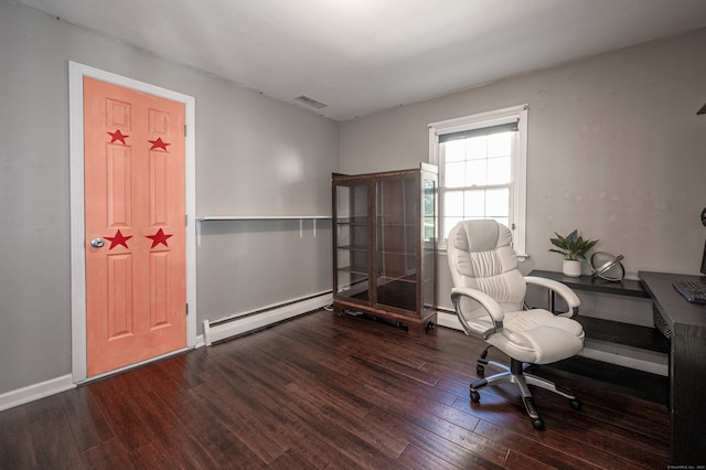 home office with dark wood-type flooring and a baseboard radiator