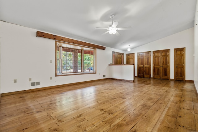 unfurnished living room with ceiling fan, light wood finished floors, baseboards, lofted ceiling, and visible vents