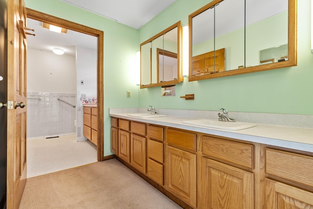 full bathroom featuring carpet flooring, a sink, and double vanity