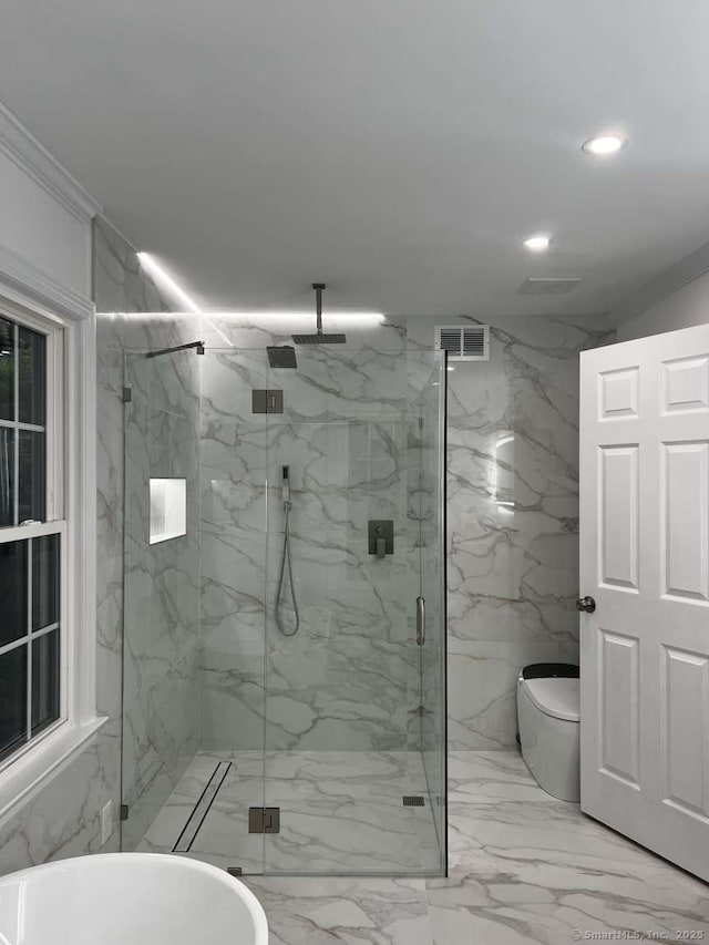 144 Hawks Hill Rd, New Canaan, CT 06840 - bathroom with a marble finish shower, ornamental molding, recessed lighting, and marble finish floors