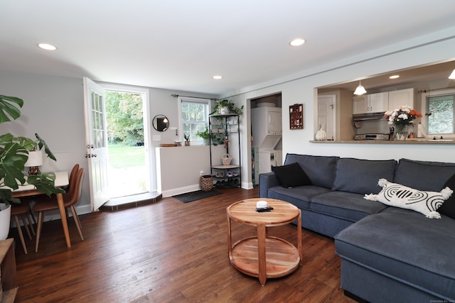 living room featuring plenty of natural light and dark hardwood / wood-style floors