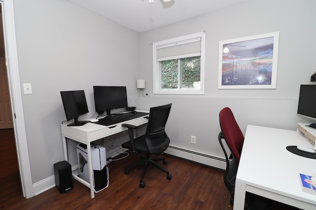 office with ceiling fan, a baseboard radiator, and dark hardwood / wood-style floors