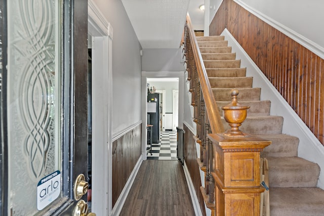 entrance foyer with wooden walls and dark wood-type flooring