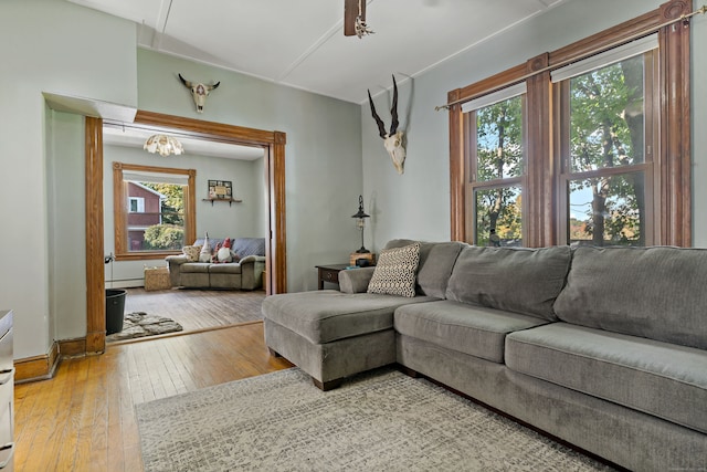 living room with hardwood / wood-style floors and a baseboard heating unit