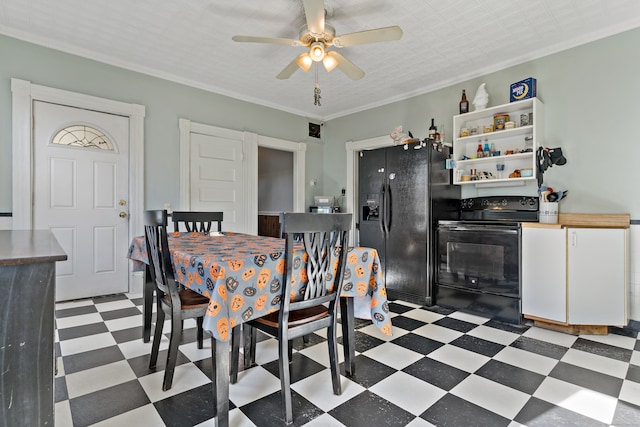 dining room featuring ornamental molding and ceiling fan