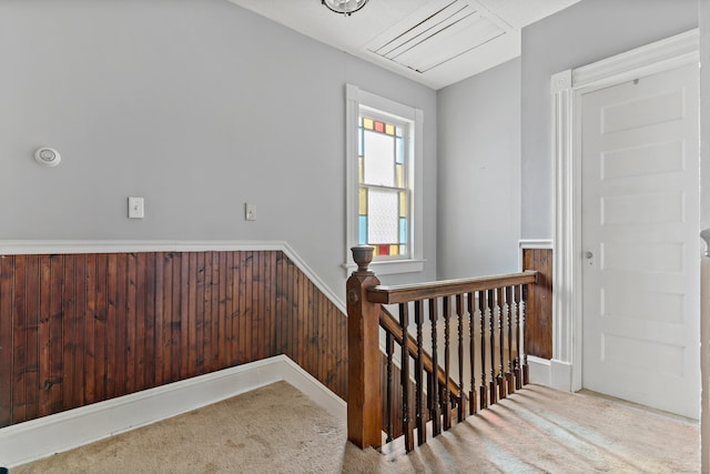 staircase with wooden walls and carpet floors