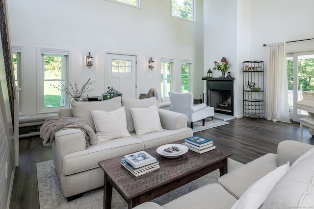 living room featuring dark wood-type flooring and a towering ceiling