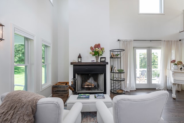 living room with a towering ceiling and wood-type flooring