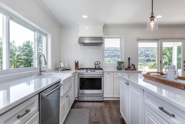 kitchen with dark wood-style flooring, ornamental molding, white cabinetry, appliances with stainless steel finishes, and range hood
