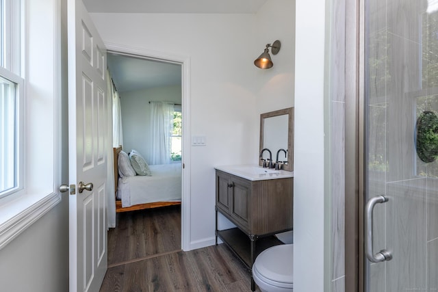 ensuite bathroom with a shower with door, vanity, connected bathroom, toilet, and wood finished floors