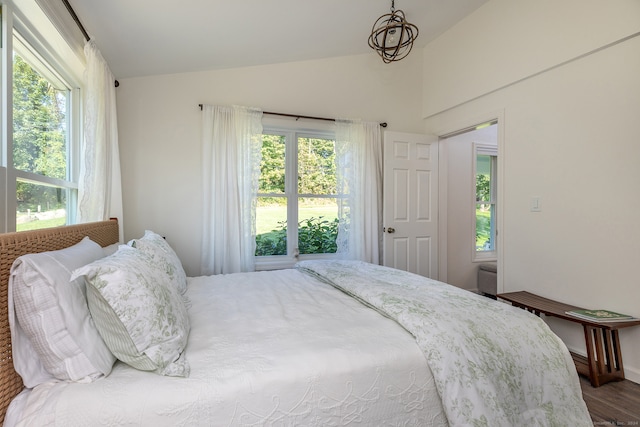 bedroom with lofted ceiling, hardwood / wood-style floors, and multiple windows