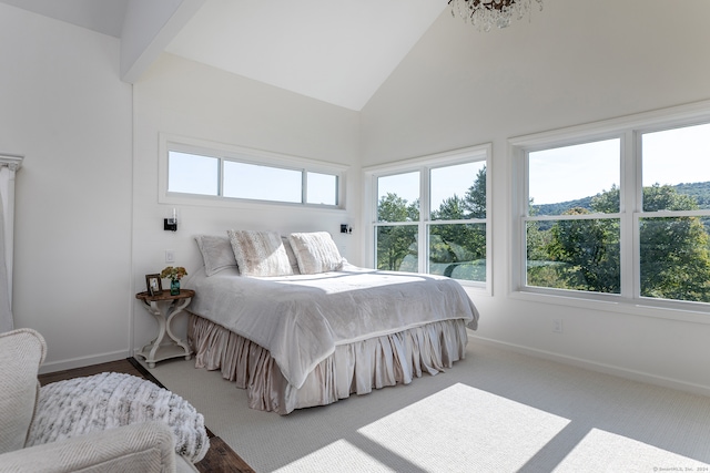 bedroom with lofted ceiling, carpet, and multiple windows