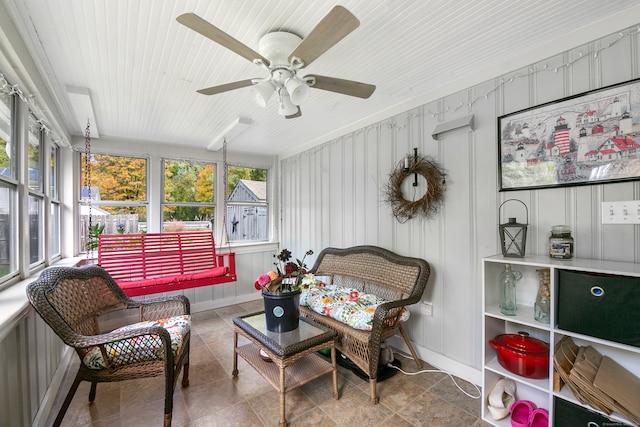 sunroom / solarium featuring ceiling fan and wood ceiling