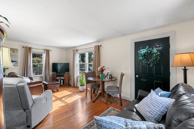 living room with wood-type flooring and ornamental molding