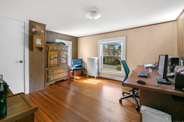 office area with radiator heating unit, ornamental molding, light wood-type flooring, and a textured ceiling