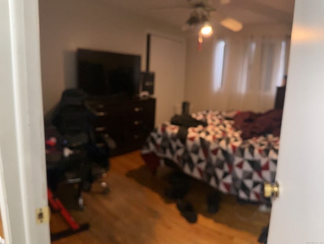 bedroom featuring wood-type flooring and ceiling fan