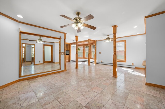 unfurnished room featuring ornamental molding and ceiling fan