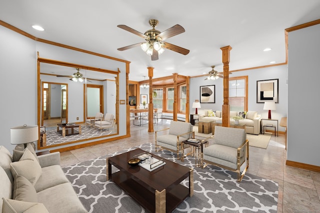 living room featuring ornamental molding and ceiling fan